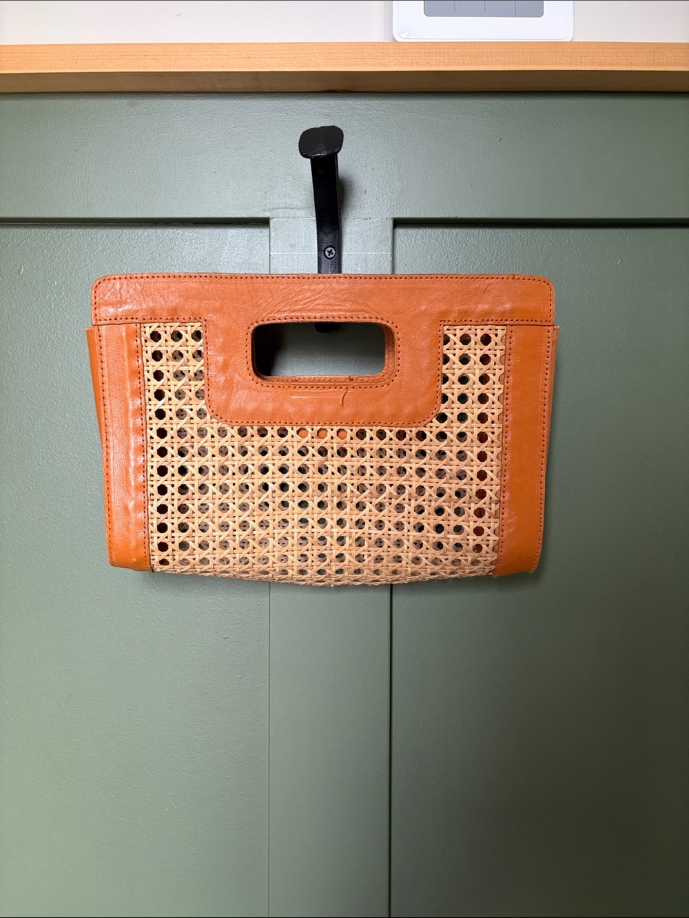 Woven Rattan and Tan Leather Cutout Handle Clutch